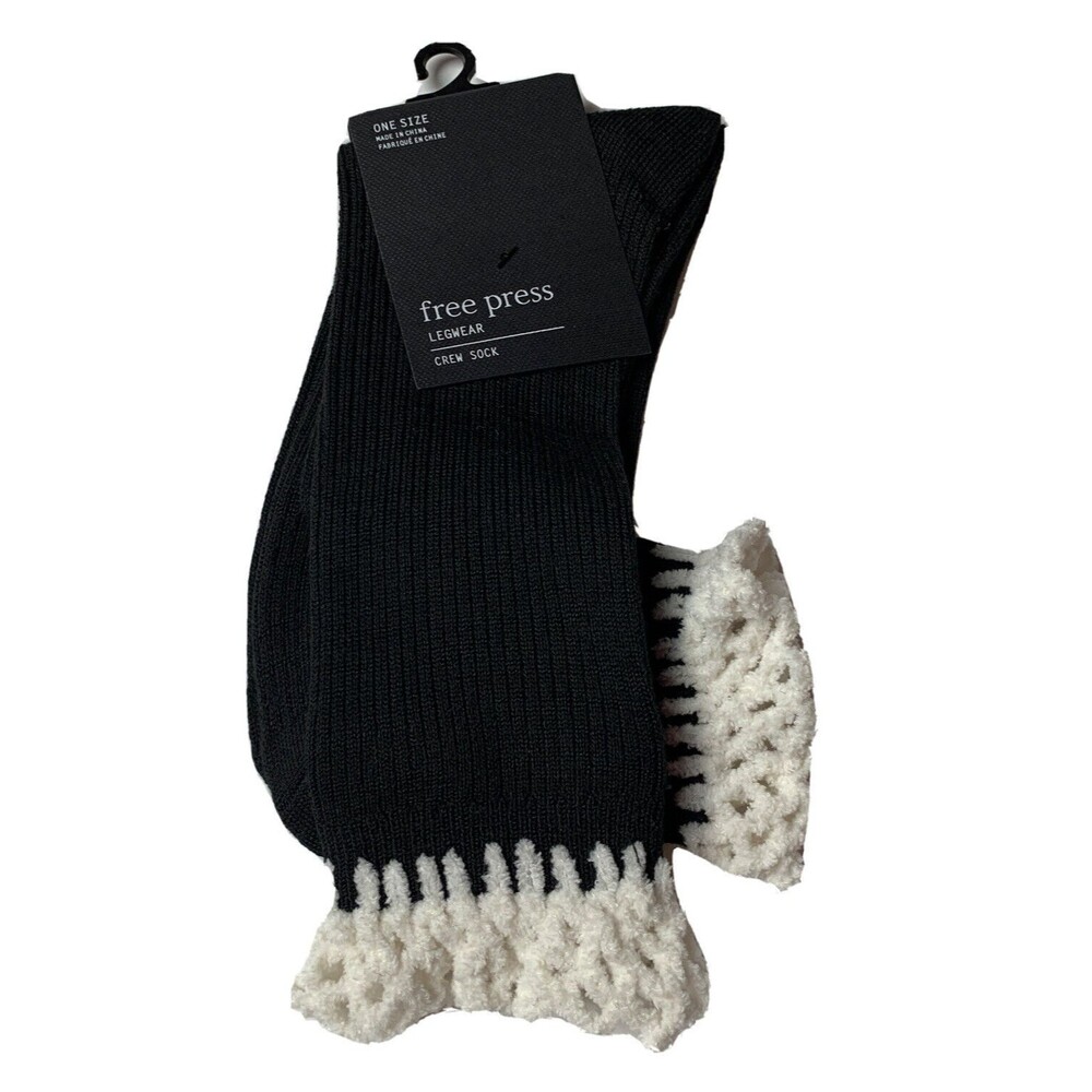 NWT Free Press Legwear Crew Socks Black W/Hand Knit White Chenille Boot Top